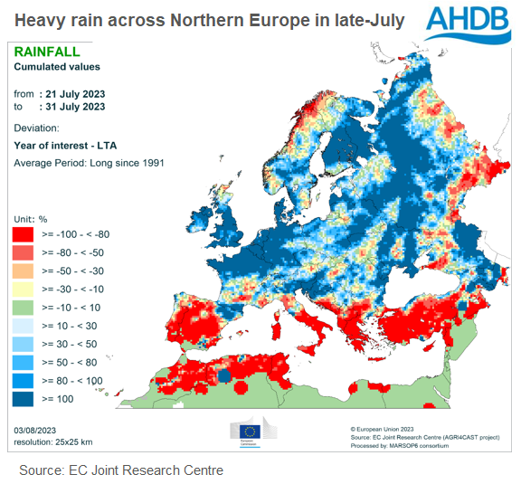 Map showing heavy rain in Northern Europe in late-July 2023